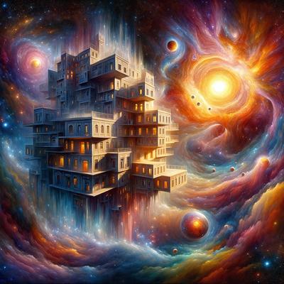 The primary subject of the image is a large, intricate building with many windows and a tall tower. The building is situated in a vibrant, colorful environment, which includes a sky filled with stars and a bright, colorful background. The visual style of the image is a combination of digital art and illustration, creating a unique and captivating scene. The colors and mood of the image are lively and energetic, with a sense of wonder and imagination.